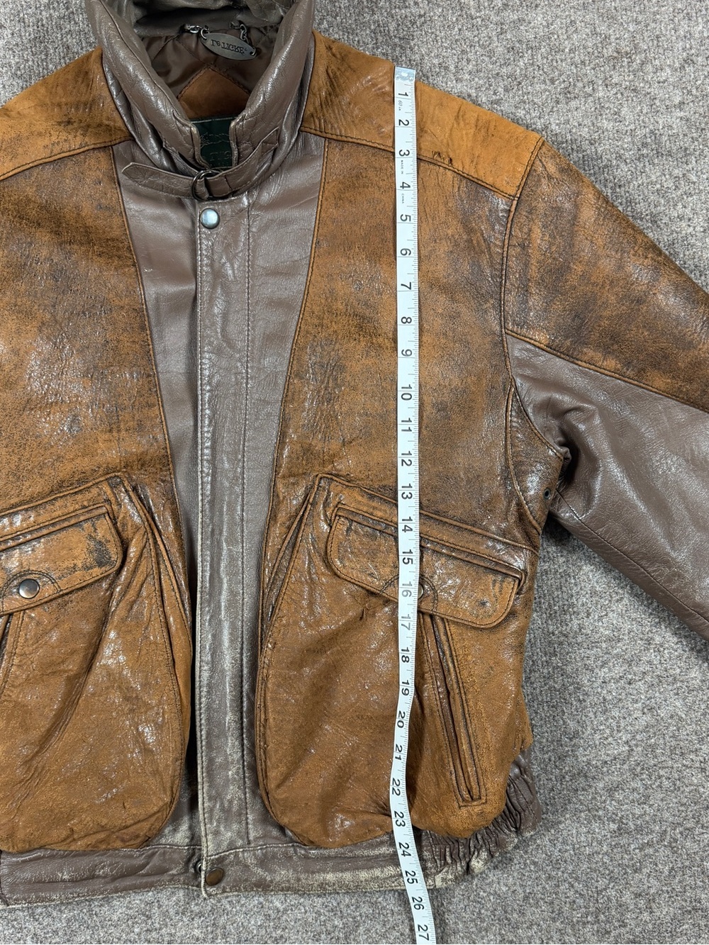 Vintage Brown Leather Distressed Patina Flight Bomber Jacket Mens 42 Funnel Neck - Picture 14 of 15